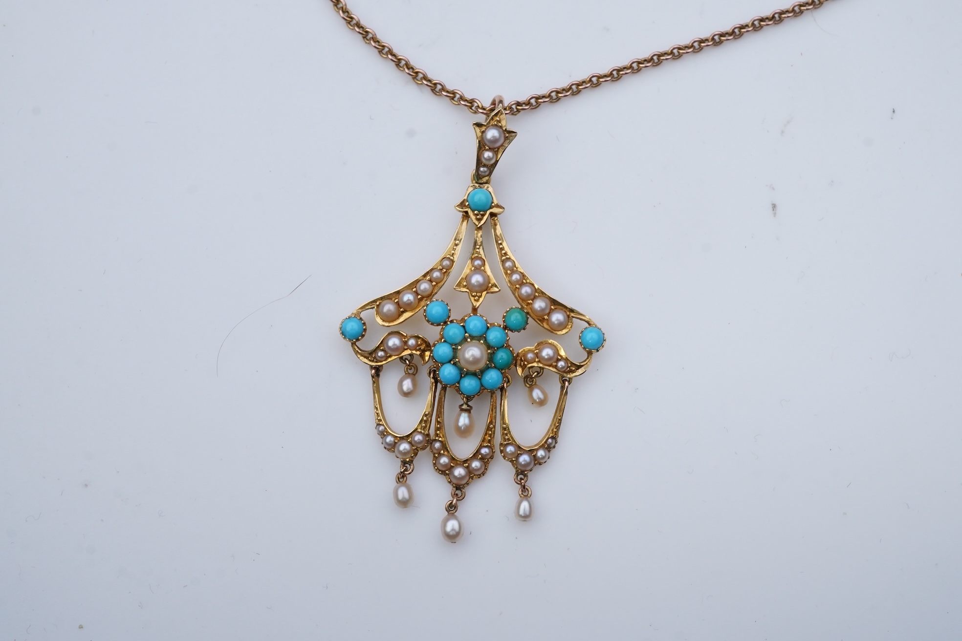 An Edwardian turquoise and seed pearl pendant, early 20th century